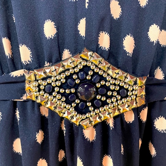 Nina Leonard Navy Pink Polka Dot V Neck Maxi Dress Beaded Accent, Sz M - Picture 7 of 7